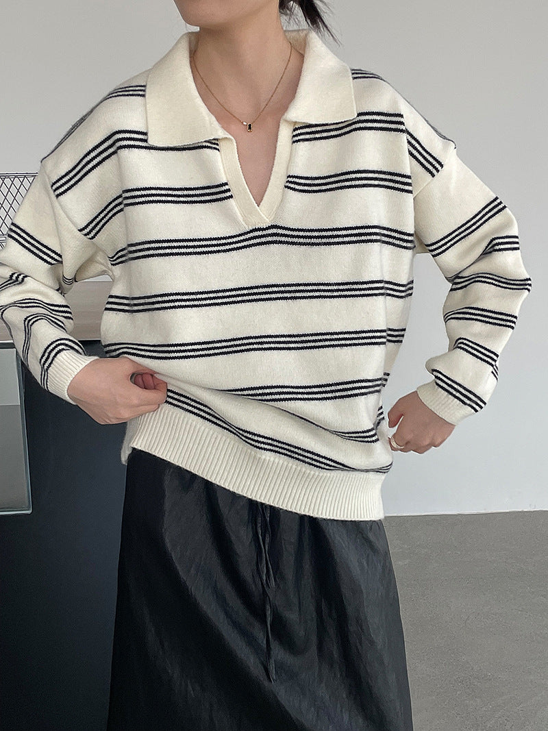 Strikket stribet sweater i koreansk idle-stil med polokrave