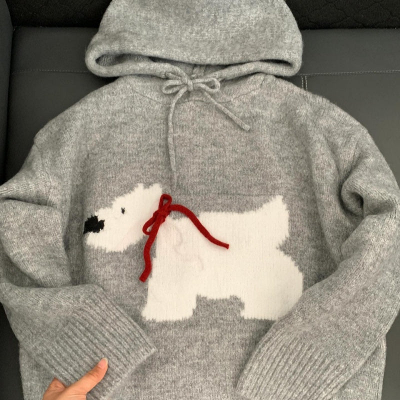 Gray Puppy Hooded Women's New Cute Sweater Autumn Winter