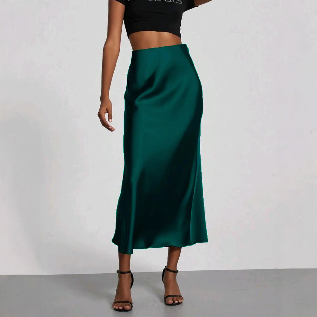 Dame Slim Fit Satin Nederdel Mode Smart Ensfarvet Lang Nederdel