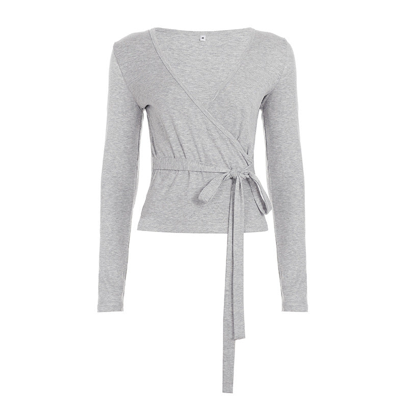 Cross V-neck Lace-up Long Sleeve Women's Waist-tight Slim-fit Casual Shirt