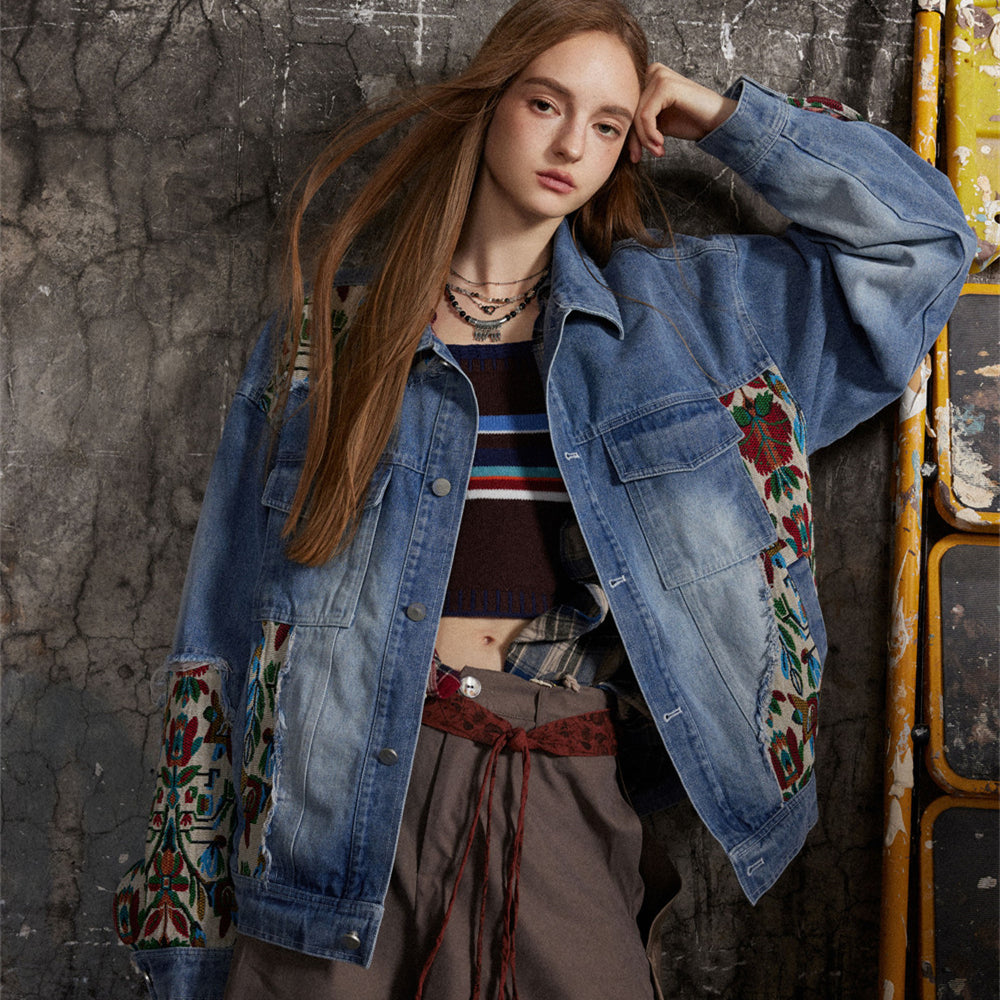 Stitching Embroidery Frayed Hem Denim Jacket Men