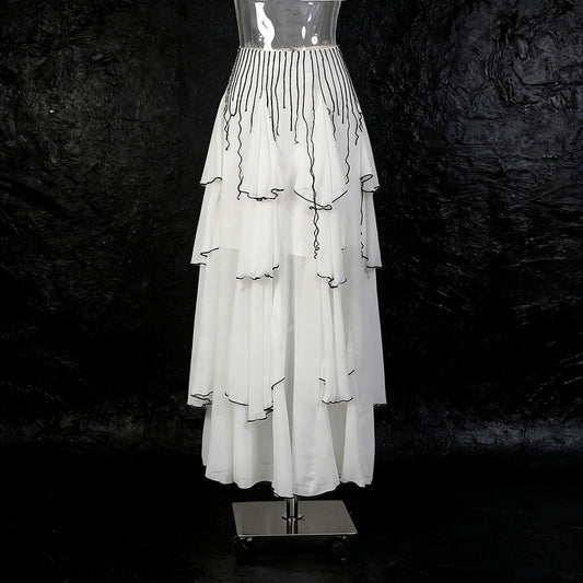 New Arrival Elegant Black And White Contrast Color Long Dress With Tiered Ruffle Hem For Women