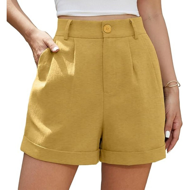 Women's Pleated Zipper Hemming Casual High Waist Shorts