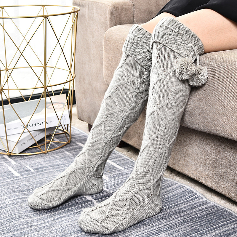 Fur Ball Over The Knee Breathable Christmas Knitted Socks
