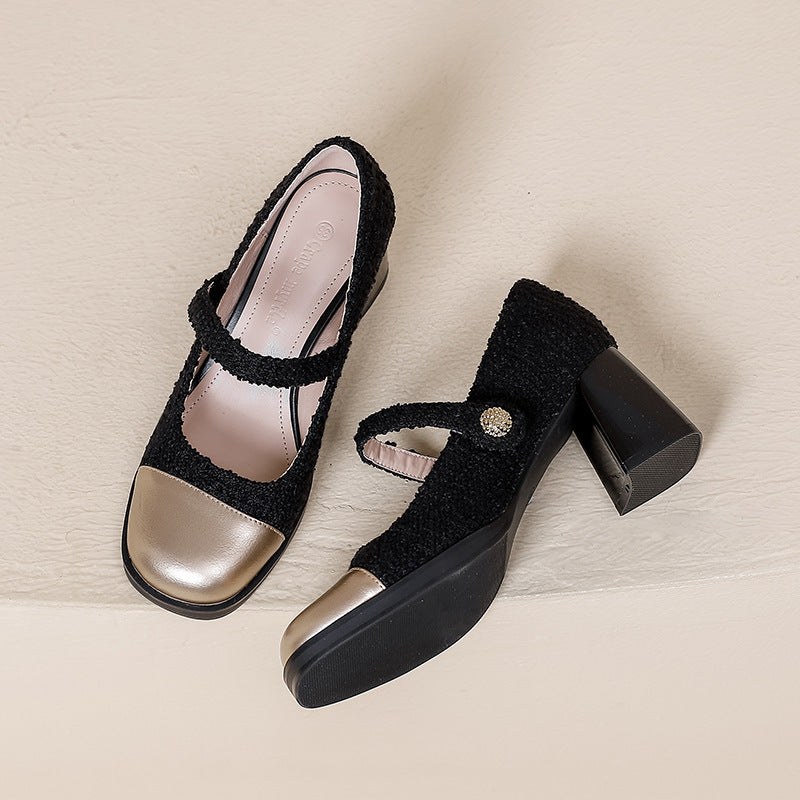 Retro Round Toe Color Matching Thick Heeled Shoes