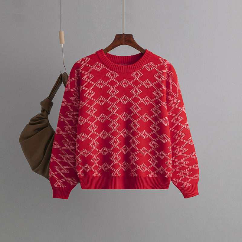 Jacquard Long-sleeved Sweater Loose Round Neck Western Style