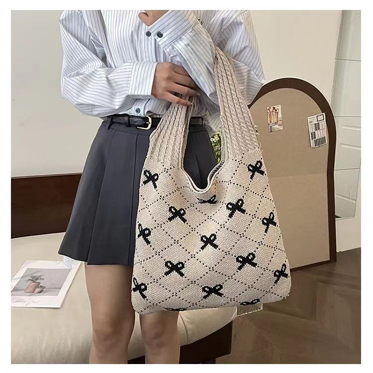 Bow High Sense Light Luxury Minority Shoulder Bag Casual Knitted Woven Bag