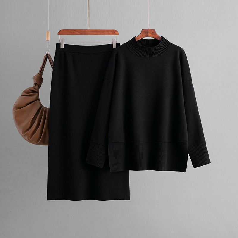 New FallWinter Solid-Color Turtleneck Sweater And Slit Bodycon Skirt Two-Piece Set