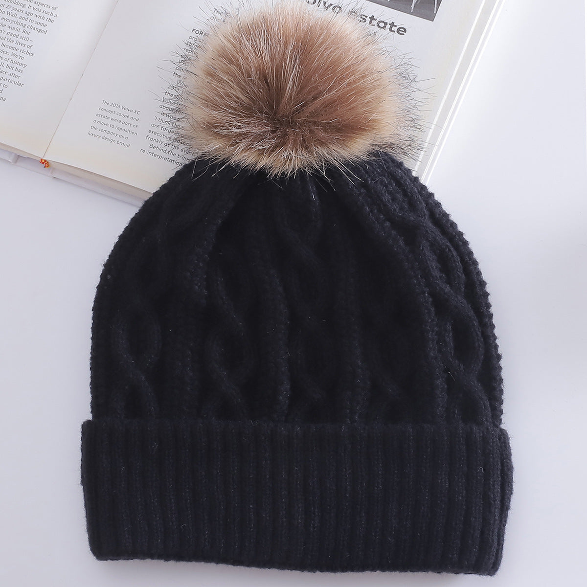 Warm Leisure Flanging Pompons Knitted Hat