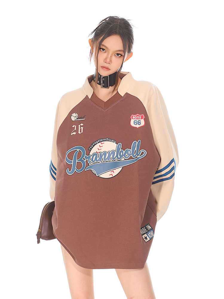 American Sports Style Baseball Vintage Print College V-neck Sweatshirt Female