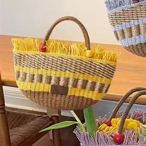 Picnic Basket Tassel Wooden Bead Decorative Cute Handbag Hand Woven