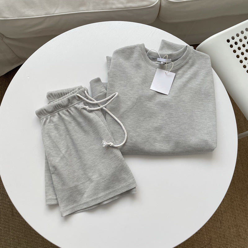 Knitted Long-sleeve Top And Shorts Pullover Vintage Set With Pockets