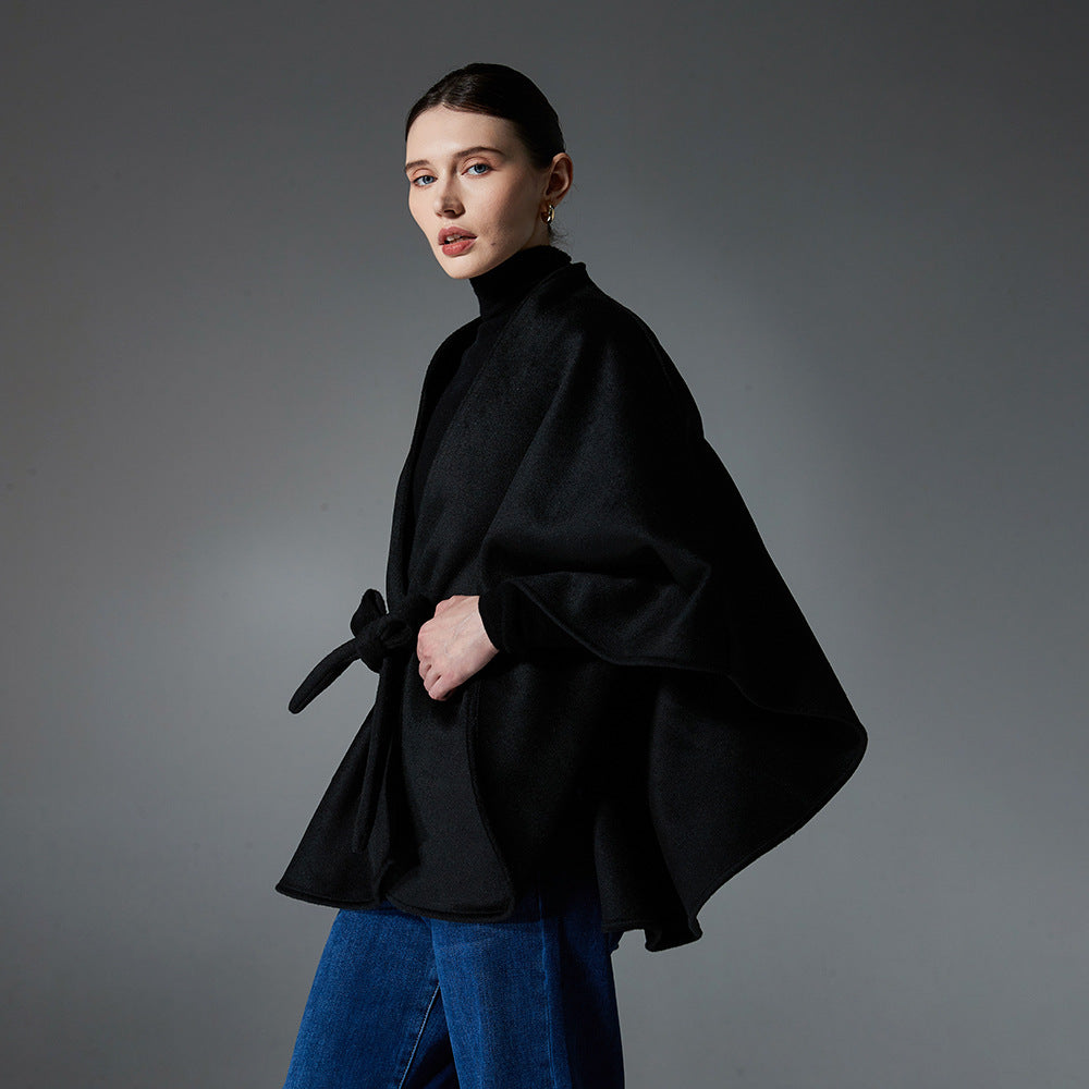 New Double-faced Woolen Goods Black Belt Shawl