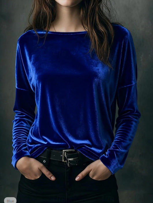 Dame Ensfarvet Løstsiddende Rundhalset Pullover Fløjl T-shirt