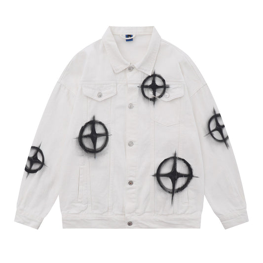 Dark Cross Graffiti Patterned Denim Jacket