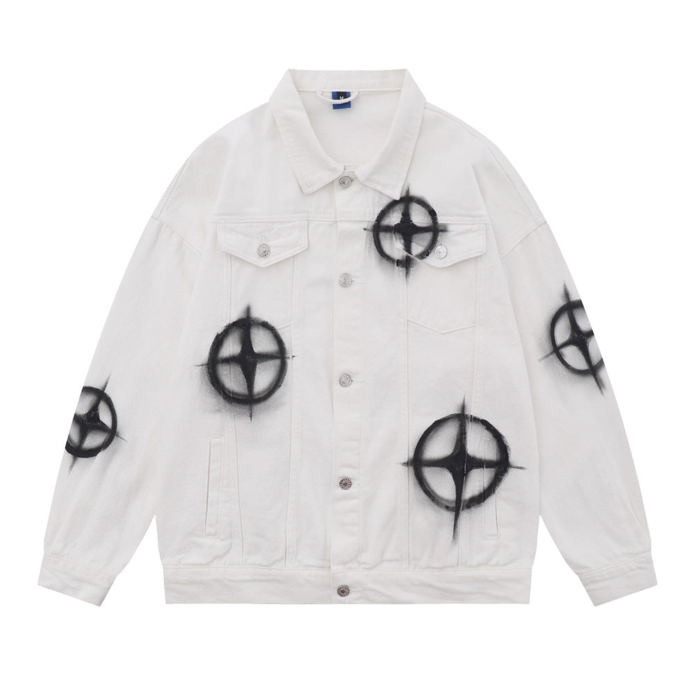 Dark Cross Graffiti Patterned Denim Jacket