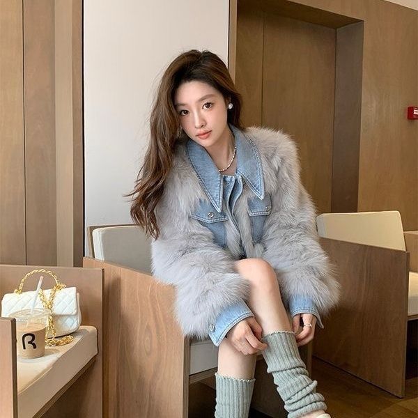 Womens Denim Patchwork Faux Fur Short Coat