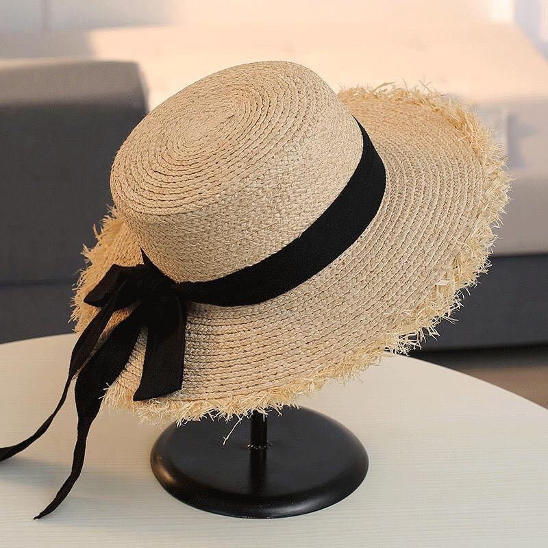 Women's Seaside Elegant Japanese Bow Flat Raffia Hat