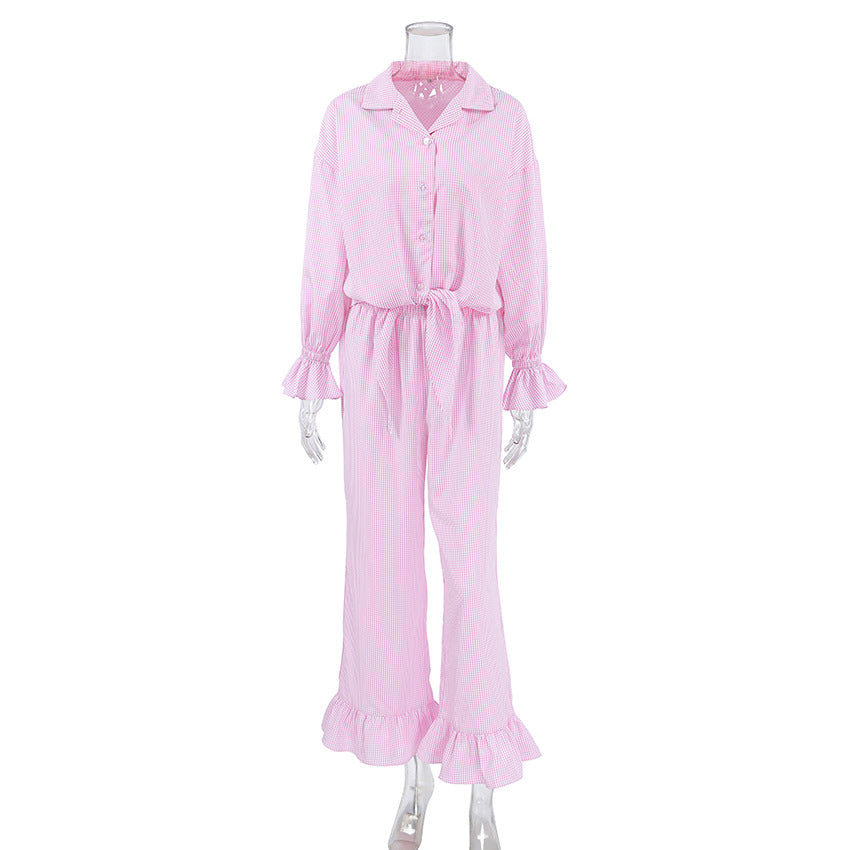 Plaid Ruffled Long-sleeve Cardigan And Tie-front Pants Two-piece Set