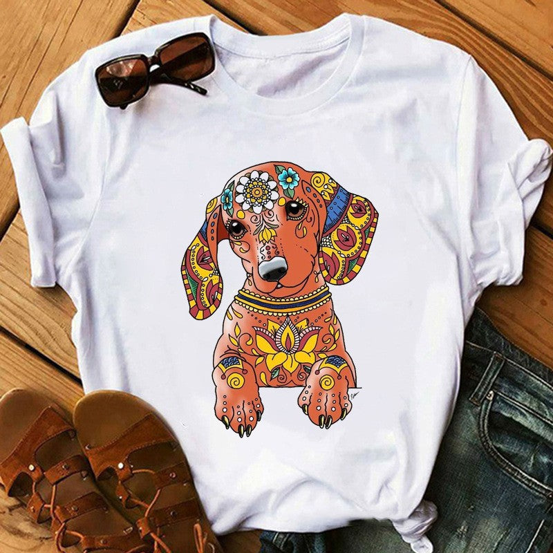 T-shirt med hundehvalpeprint til kvinder