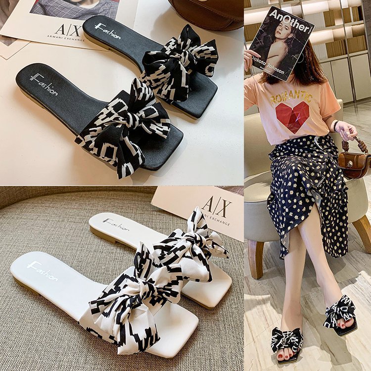 Summer Bow Square Toe Flat Flip Flops