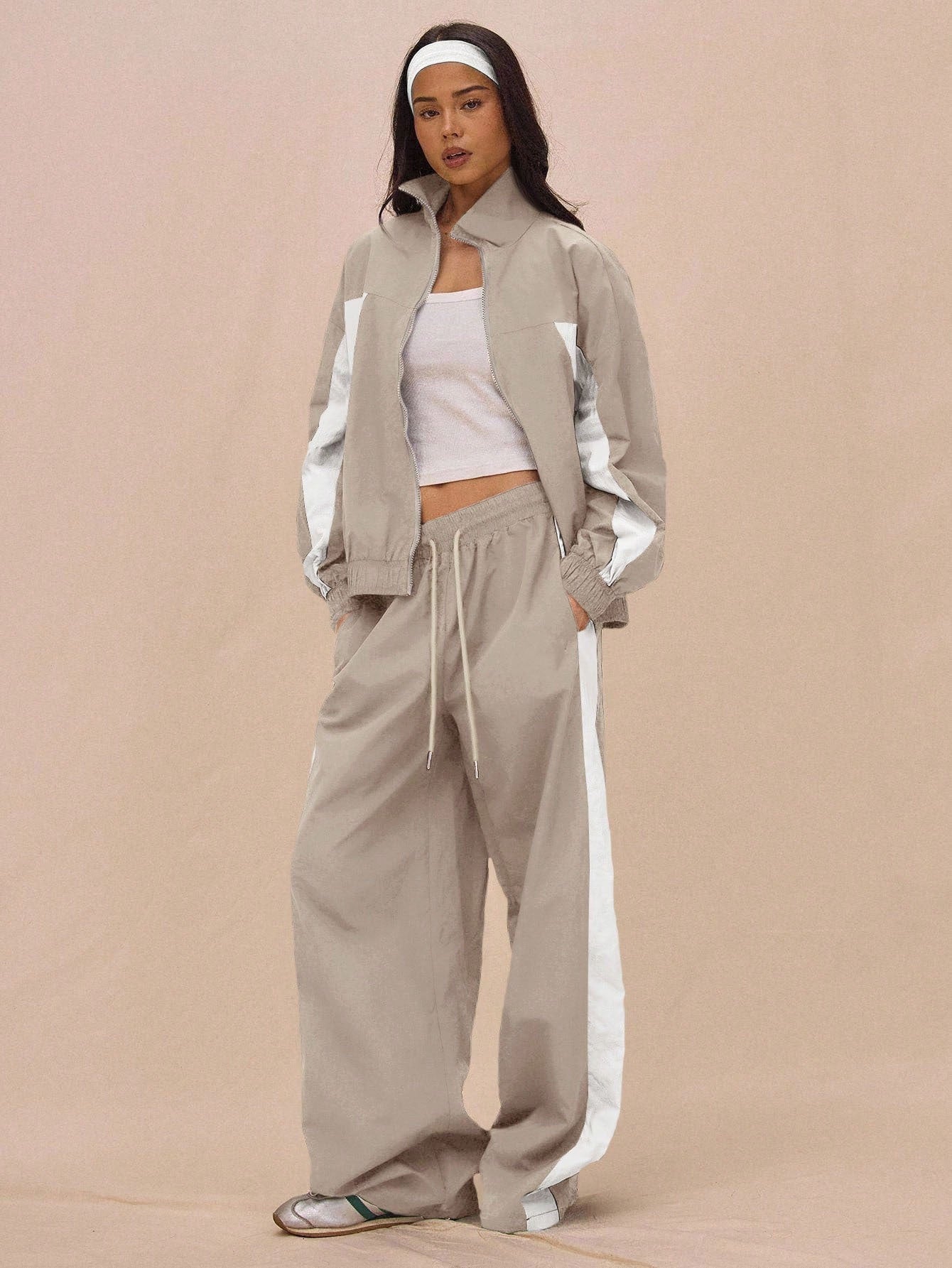 Stylish Womens Striped Zip-Up Jacket And Lace-Up Pants Set