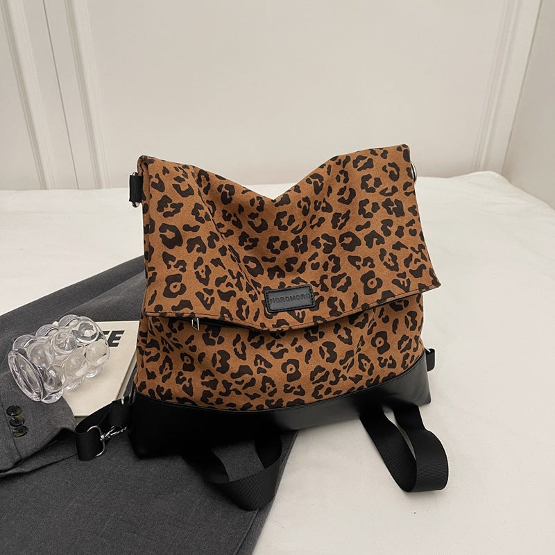 Multifunktionel afslappet moderigtig leopardprint rygsæk i læder og velour til kvinder