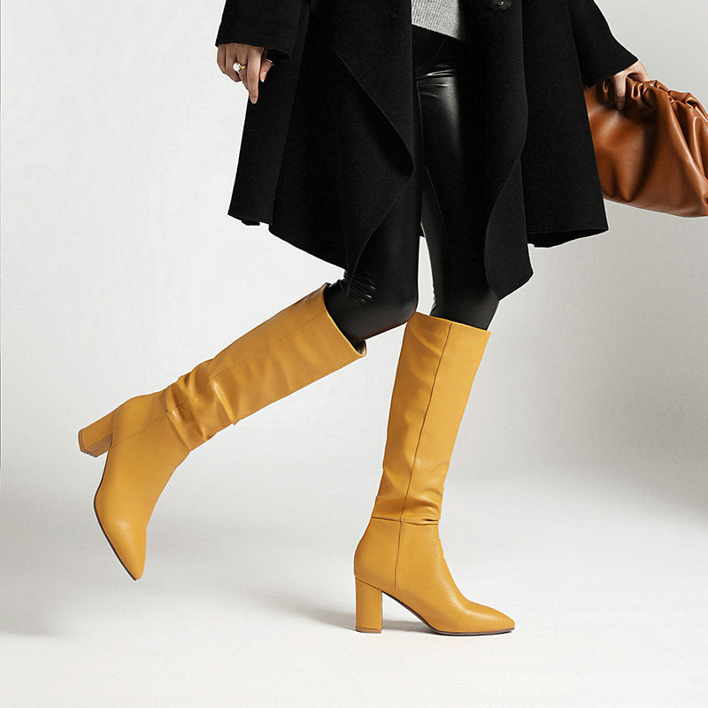 Womens Fleece-Lined Mid-Calf Pointed-Toe Chunky-Heel Boots