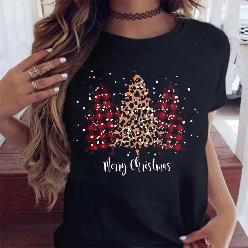 Christmas Red Plaid Leopard Short Sleeves