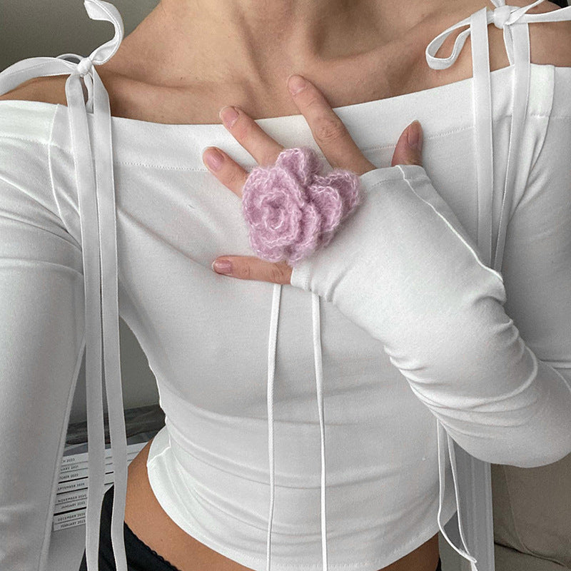 Pure Desire Style Lace-up Bow Off-shoulder Long Sleeve Backless Sexy Top Women's Clothing