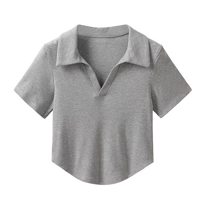 Solid-color Simple Lapel-neck Short-sleeve Top For Women