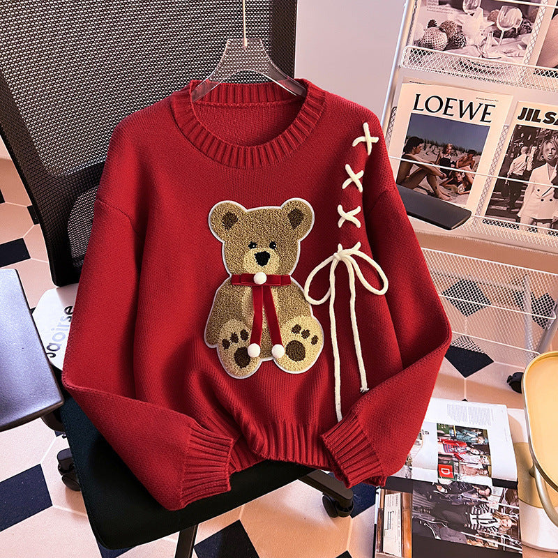 Red Fashionable Cartoon Bear Slim Fit Sweet Bow Sweater For Women