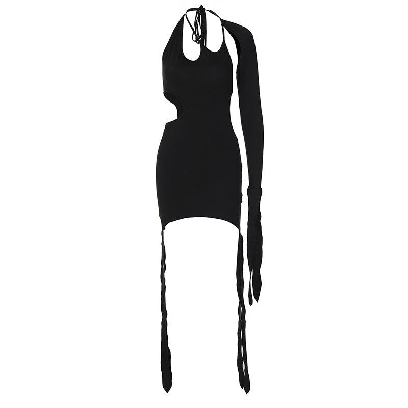 Solid Color Lace-up One-shoulder Back Openwork Dress