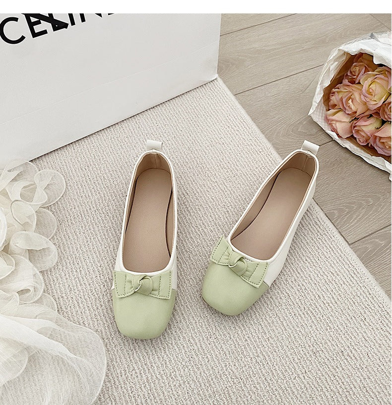Bow Knot Sweet Colorblock Chunky Heel Slip-on Shoes