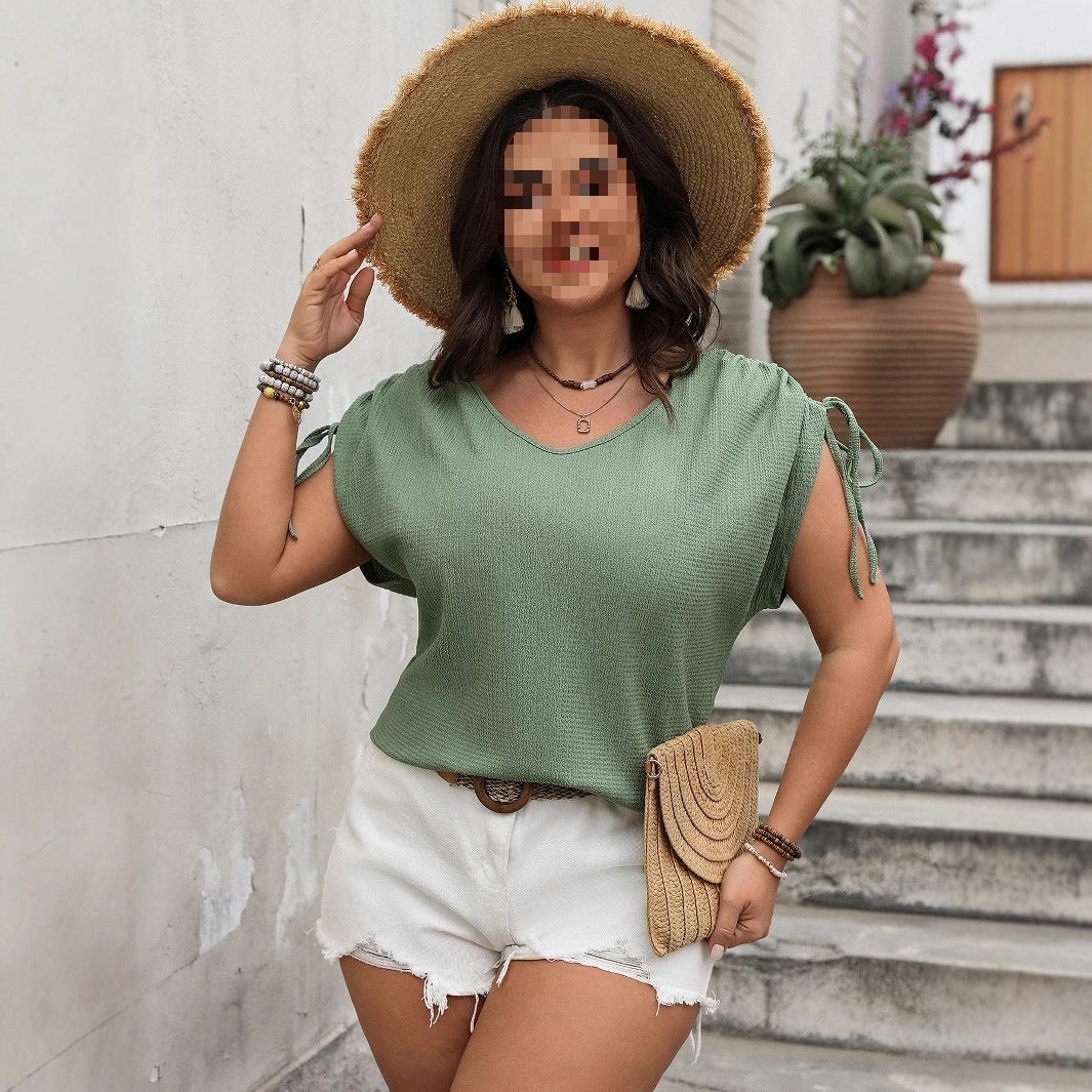 Womens V-neck Loose-fit Drawstring Short-sleeve Top