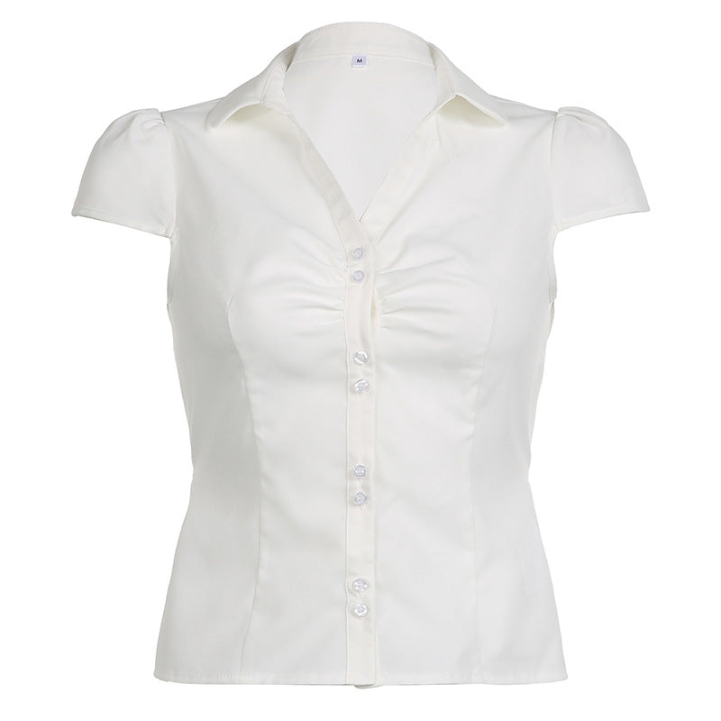 Summer Women's Pleated Casual Breasted Solid Color Back Lace-up Short Sleeve Shirt