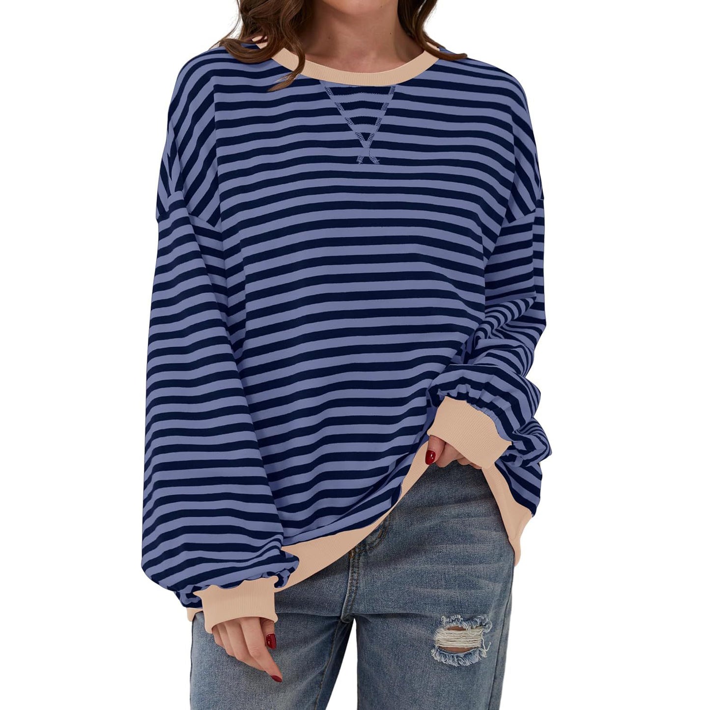 Løs stribet langærmet T-shirt afslappet pullover sweater til dametøj
