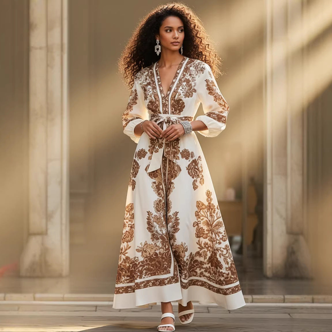 Elegant Printed V-Neck Dress With Puffed Sleeves