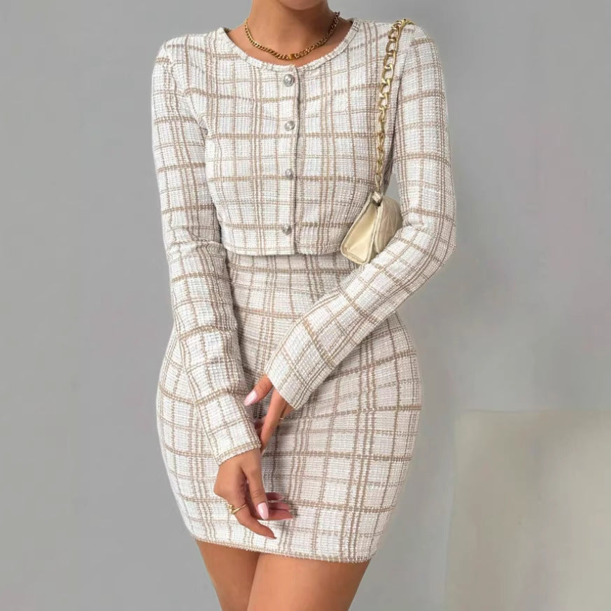 Womens Plaid Long-Sleeve Jacket And Suspender Skirt Set
