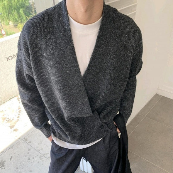 Mens Relaxed-fit V-neck Knit Jacket Versatile And Minimalist Style