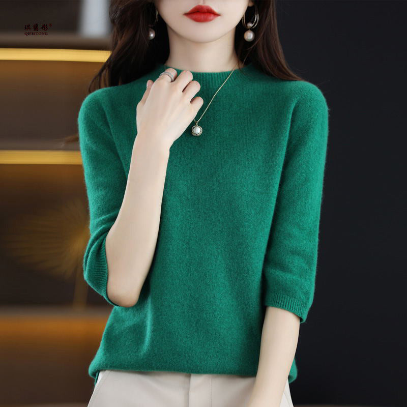 Pure Wool Women's Half Turtleneck Short Pullover Base Knitwear Three-quarter Sleeve Sweater