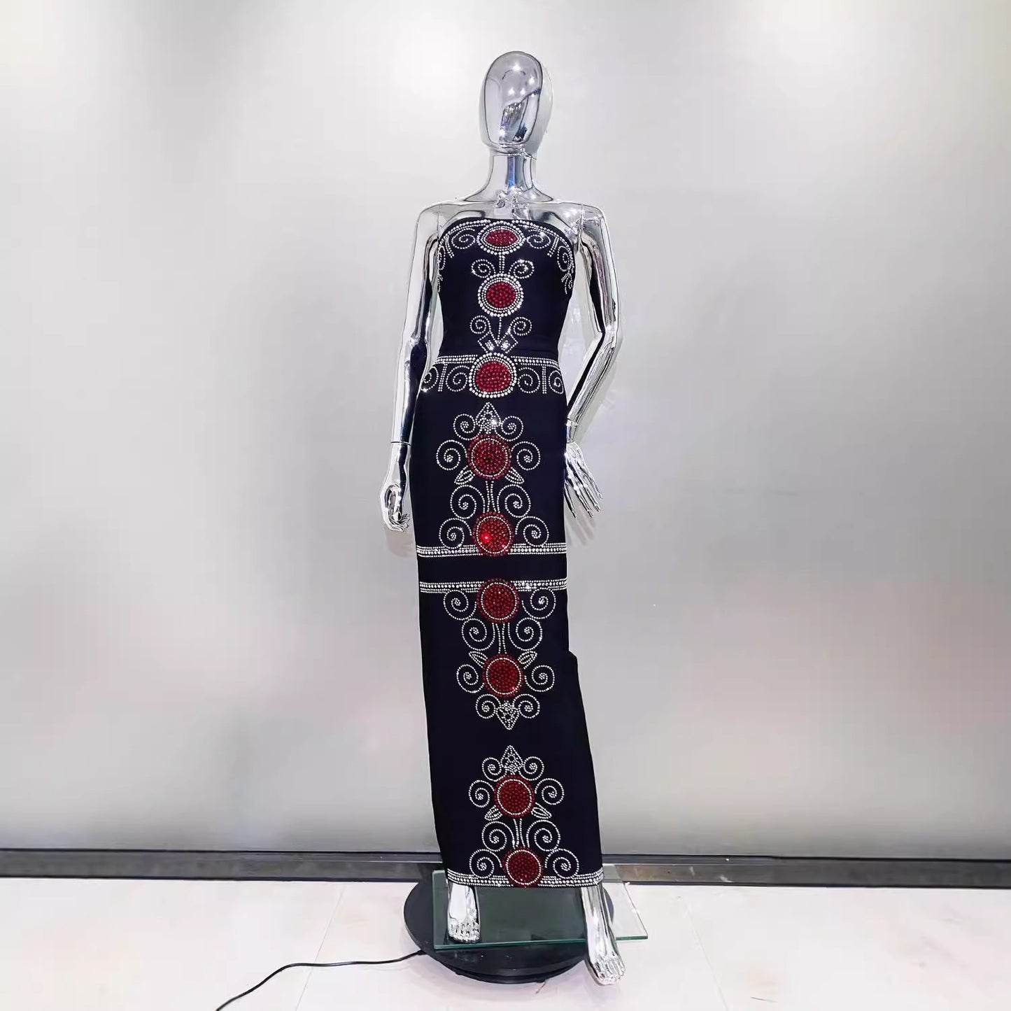 Totem Rhinestone Sheath Black Tight Trousers Bandage Evening Dress