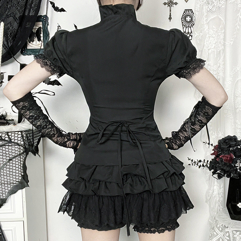 Dark Gothic-style Sexy Figure-hugging Lace-panelled Shirt