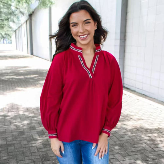 Women's Fashionable Embroidered Collar Printed Shirt