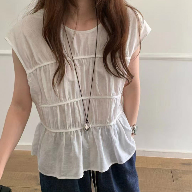 Sweet Temperament Pure Color Pleated Round Neck Versatile Design Sleeveless Pullover Shirt Top For Women