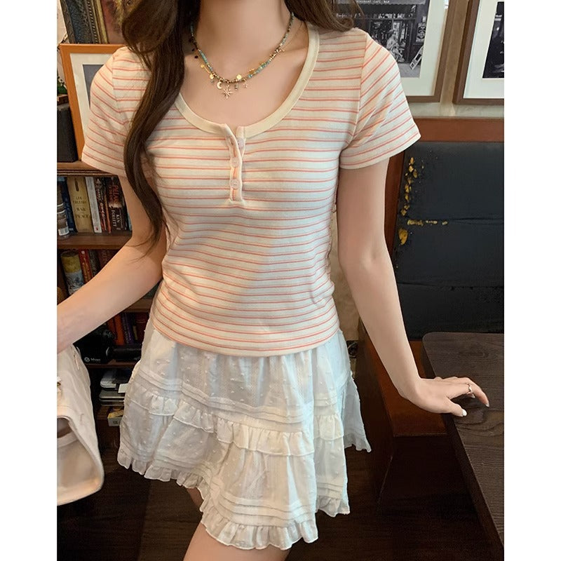 American Retro Shoulder Striped Short Sleeve