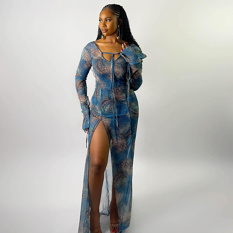 Elegant Long Sleeve V Neck Split Dress