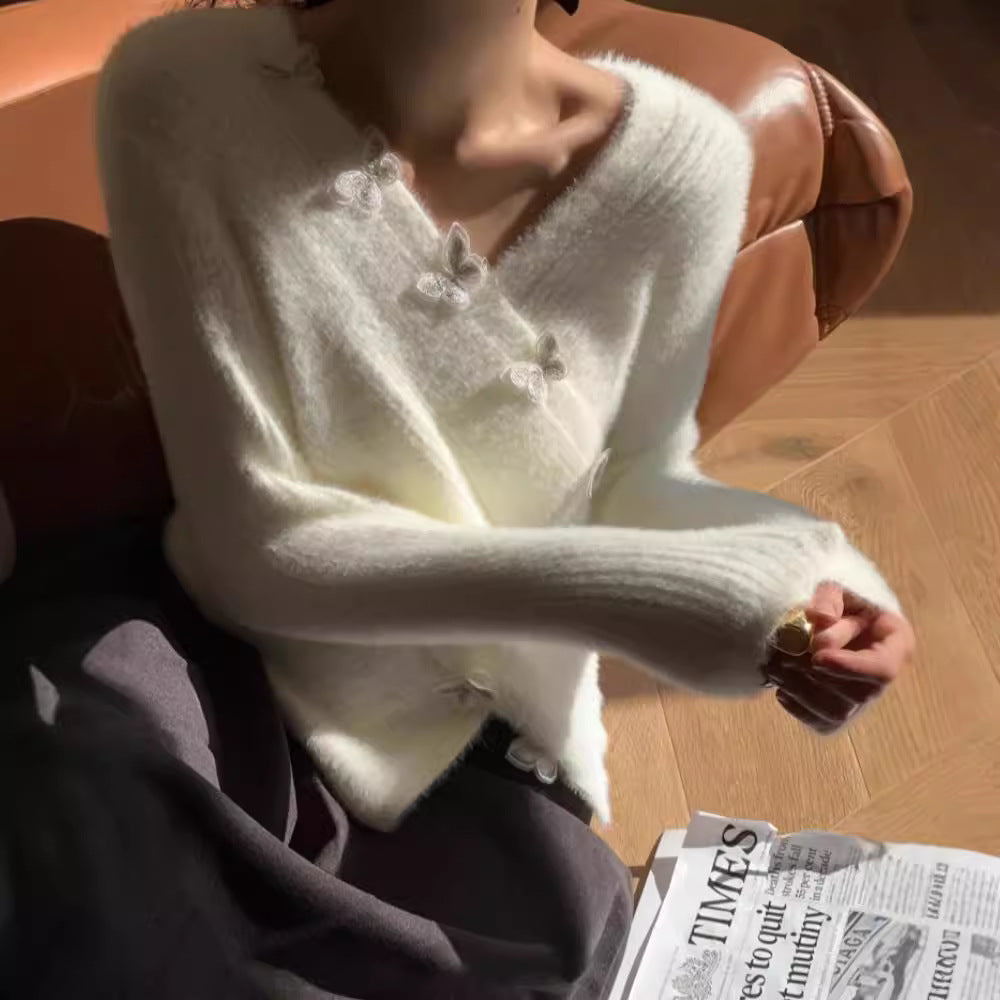 Three-dimensional Butterfly Furry V-neck Sweater