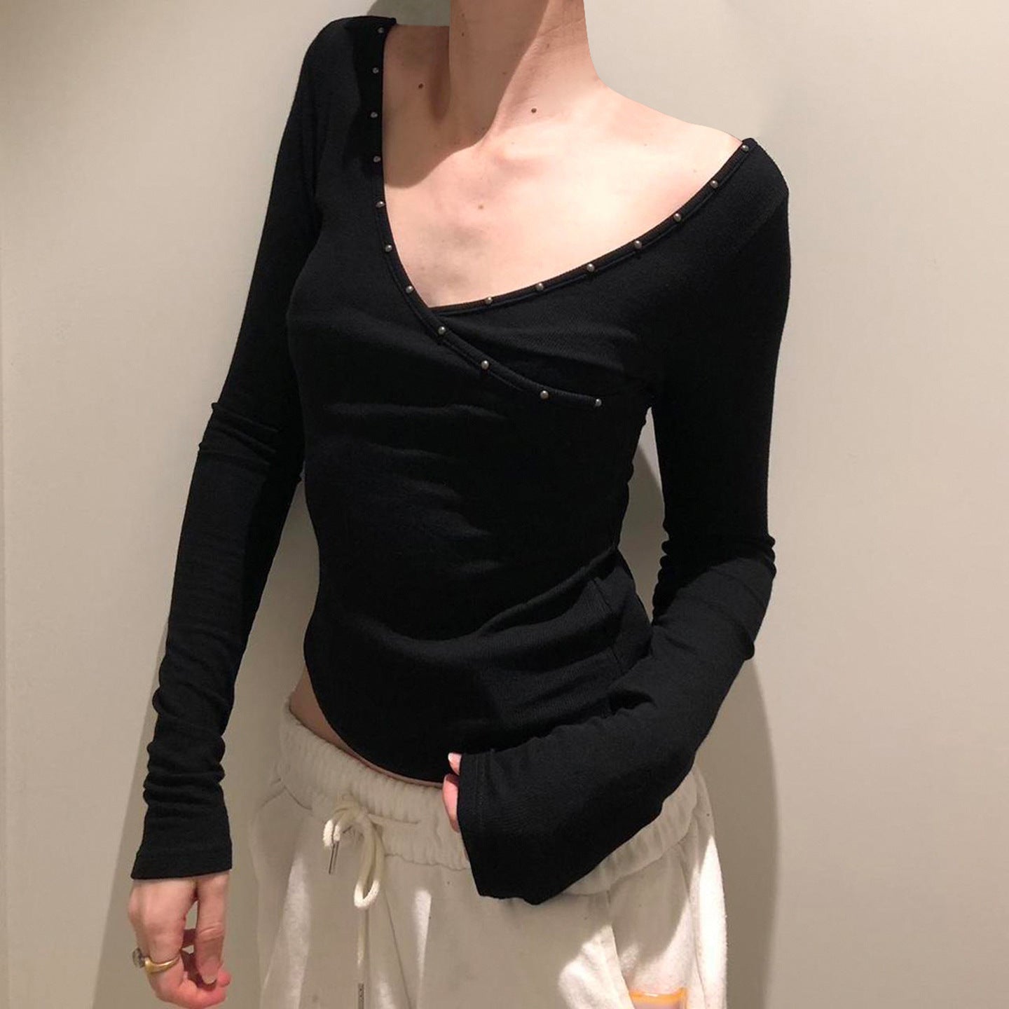 V-neck Knitted Underwear Long Sleeved Top Hot Girl New Solid Color