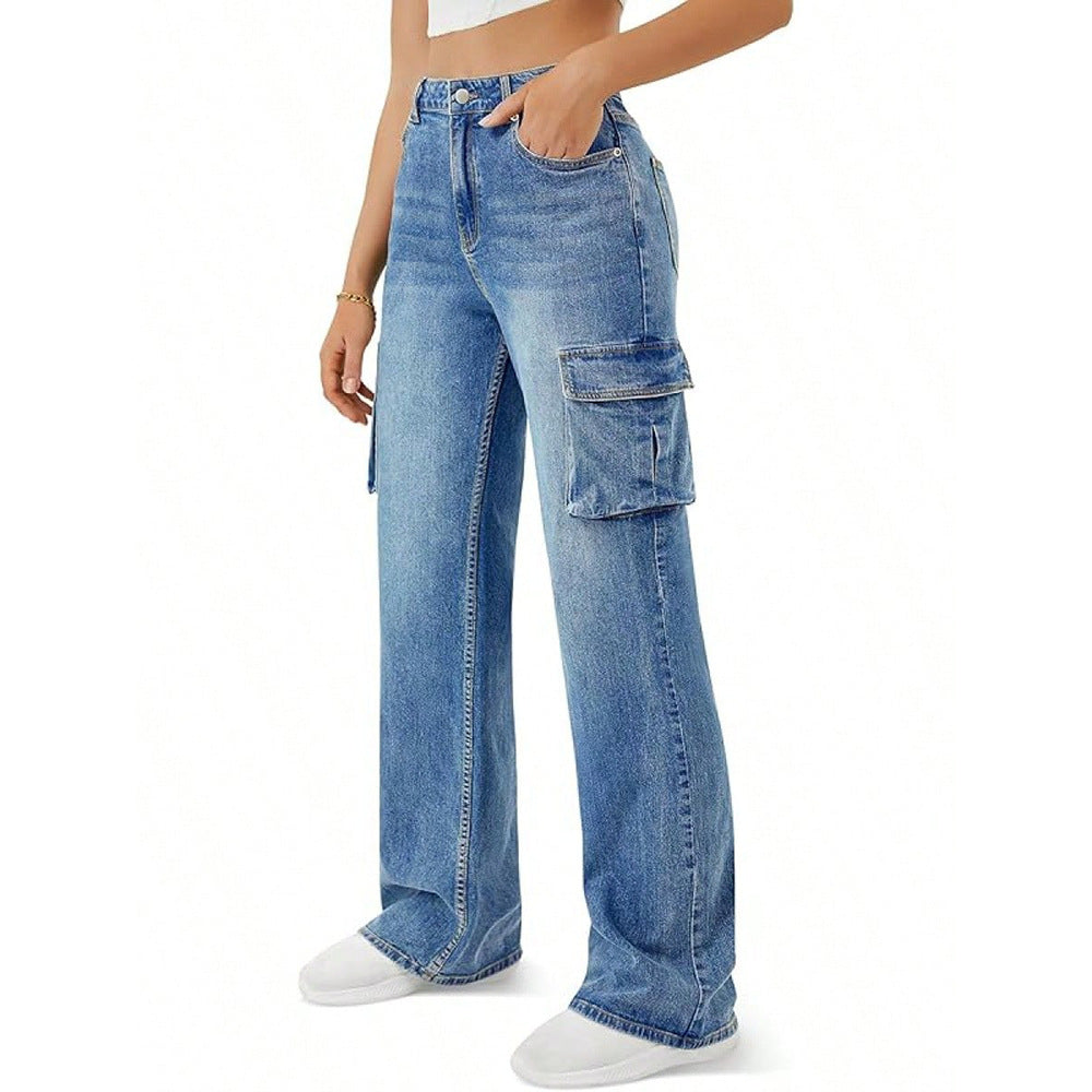 Stilfulde, unikke denimjeans med lige ben med klap og overdimensionerede lommer